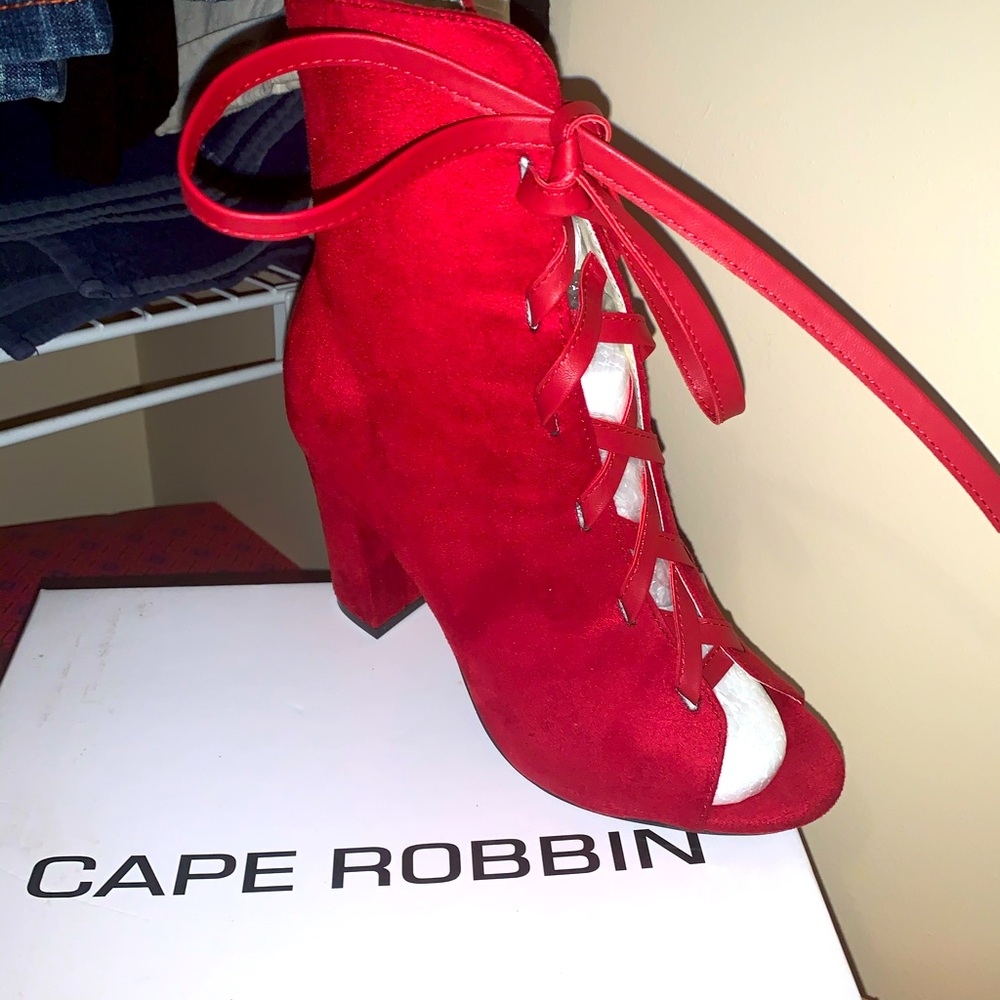 Red faux suede lace up open toe booties sz 7